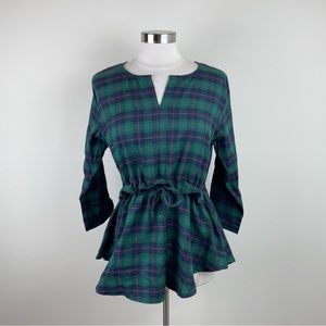 Green Navy Blue Plaid Check Long Sleeve Blouse Top Women